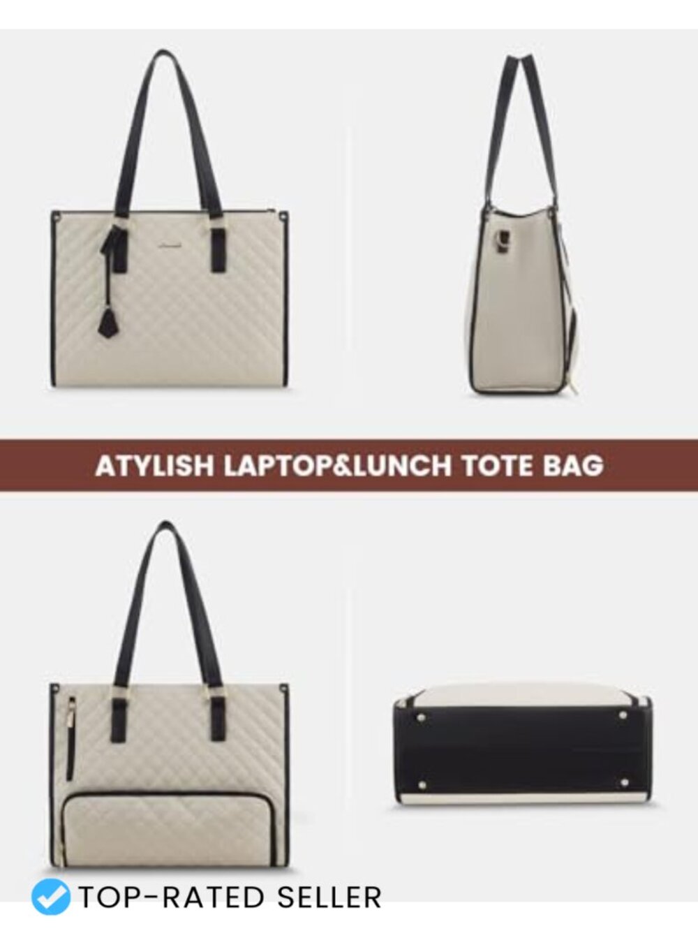 Quilted Laptop Lunch Tote Bag with Insulated Compartment and Wallet - Picture 5 of 6